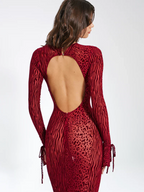 Women's Animal Print Fitted Maxi Dress Long Sleeve Open Back