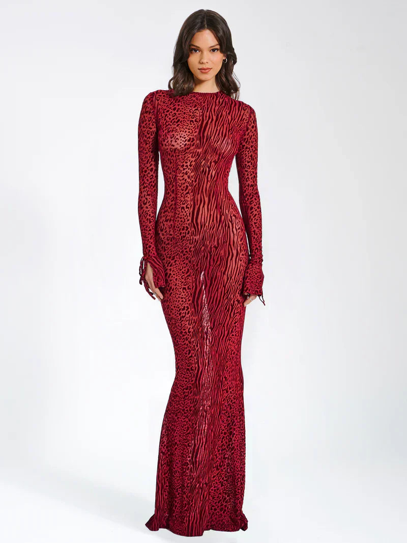 Women's Animal Print Fitted Maxi Dress Long Sleeve Open Back