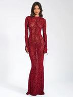 Women's Animal Print Fitted Maxi Dress Long Sleeve Open Back
