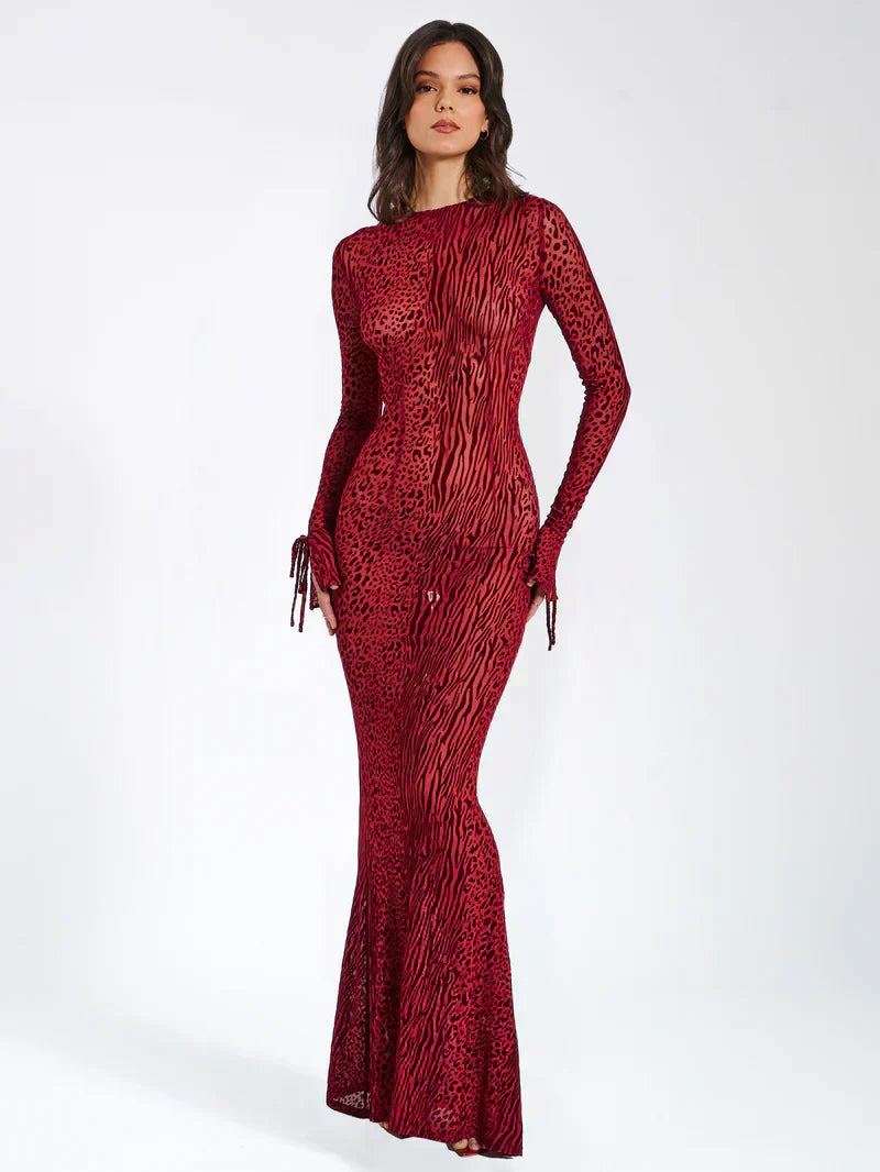 Women's Animal Print Fitted Maxi Dress Long Sleeve Open Back
