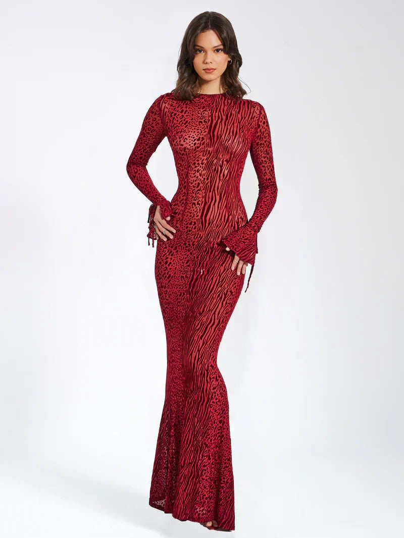 Women's Animal Print Fitted Maxi Dress Long Sleeve Open Back