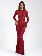 Women's Animal Print Fitted Maxi Dress Long Sleeve Open Back