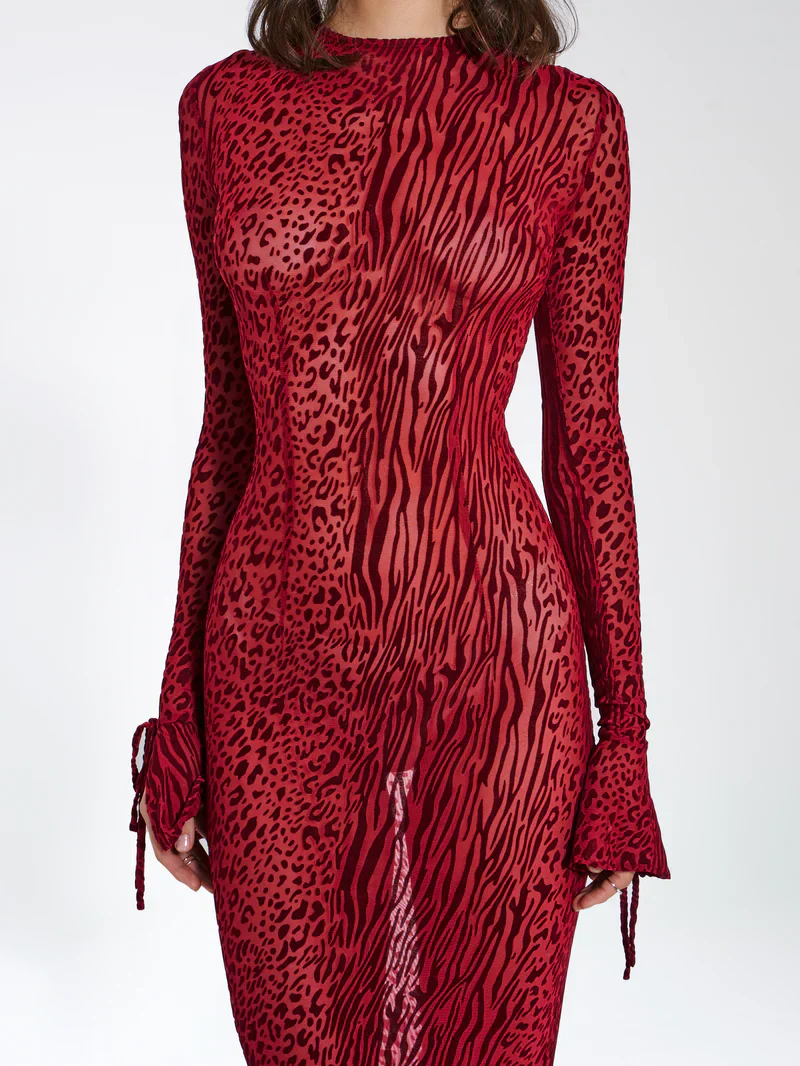 Women's Animal Print Fitted Maxi Dress Long Sleeve Open Back
