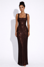 Women's Square Neck Sequin Maxi Dress with Open Back Design