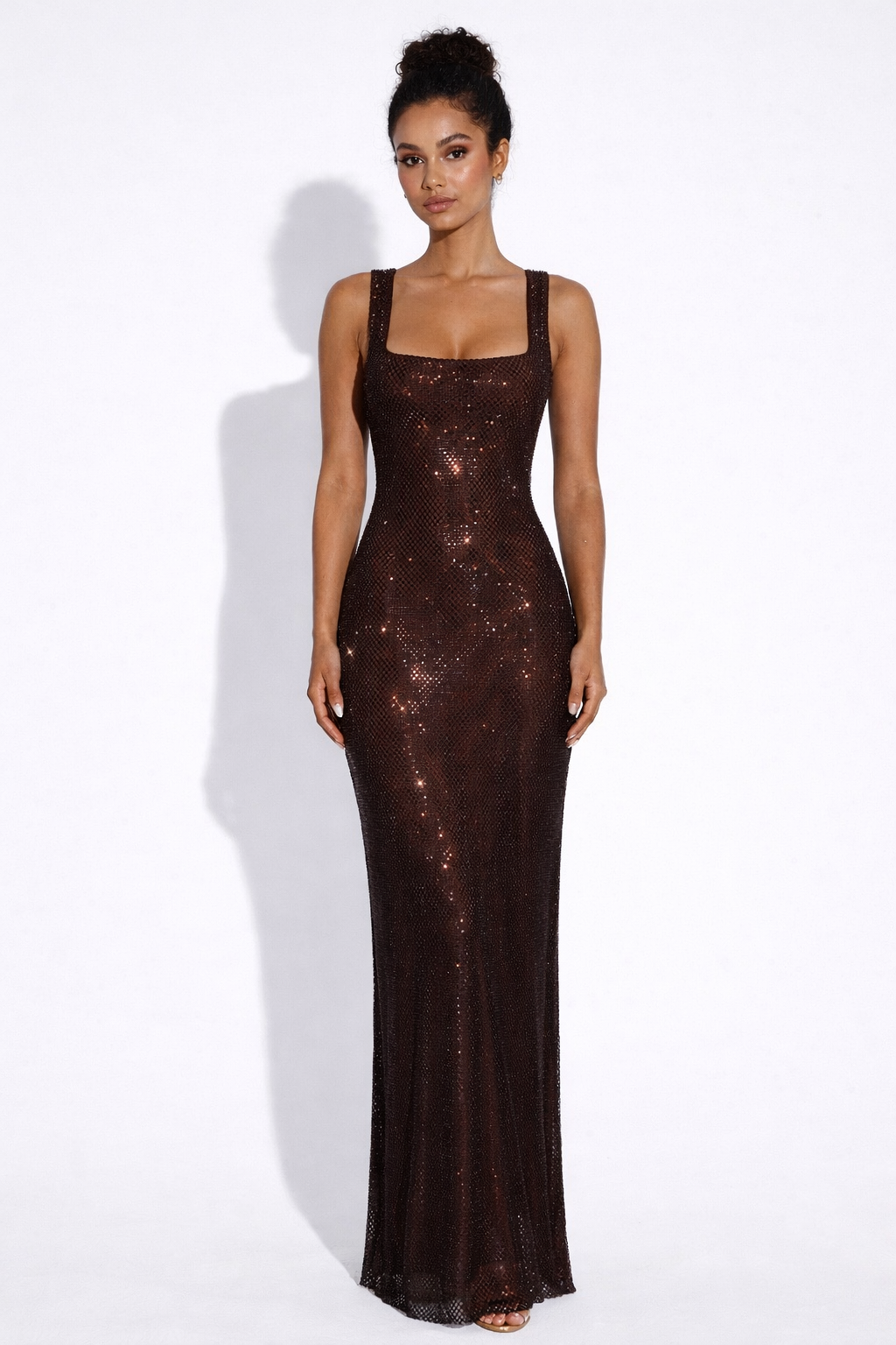 Women's Square Neck Sequin Maxi Dress with Open Back Design