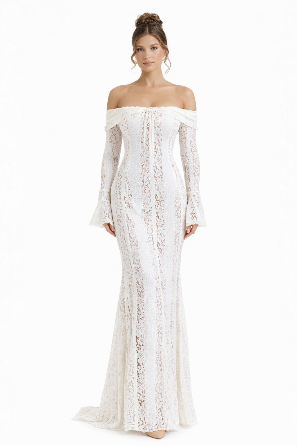 Women's Off Shoulder Maxi Dress with Fitted Lace Silhouette