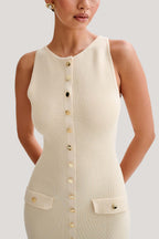 Women's Crew Neck Button Front Midi Dress with Patch Pockets