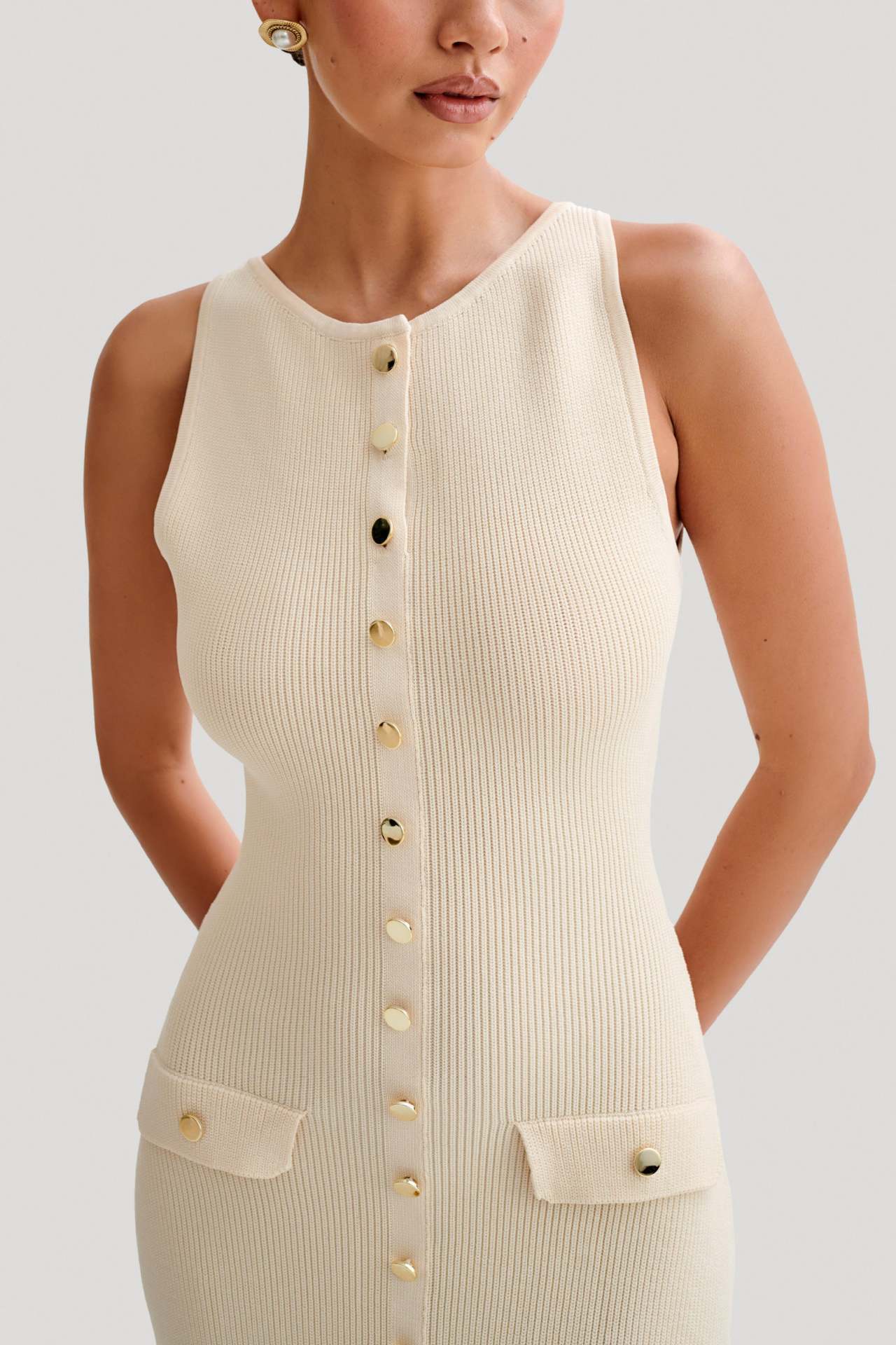 Women's Crew Neck Button Front Midi Dress with Patch Pockets