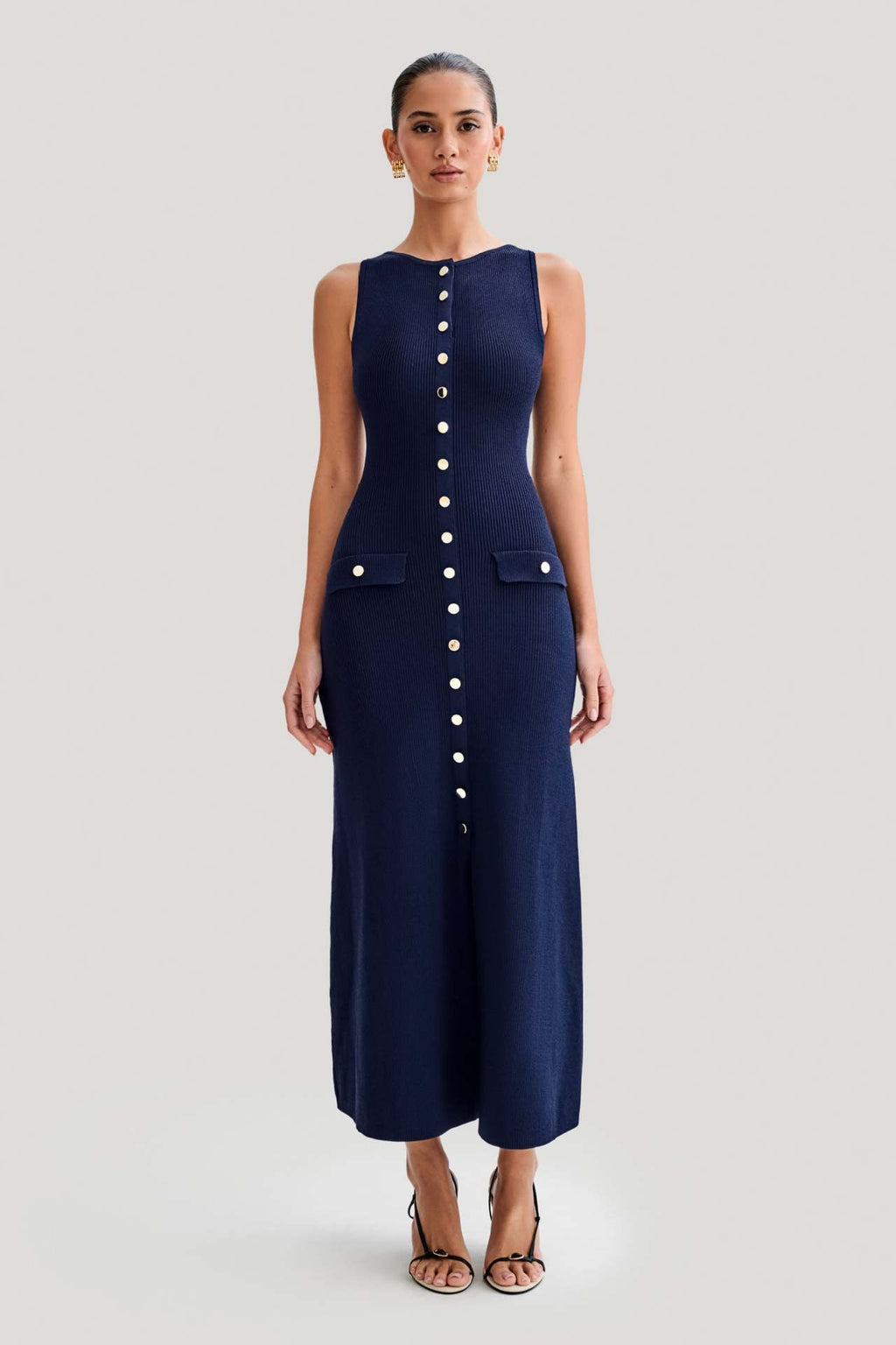 Women's Crew Neck Button Front Midi Dress with Patch Pockets