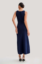 Women's Crew Neck Button Front Midi Dress with Patch Pockets