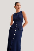 Women's Crew Neck Button Front Midi Dress with Patch Pockets