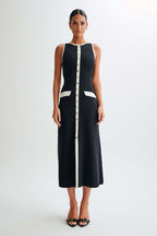 Women's Crew Neck Button Front Midi Dress with Patch Pockets