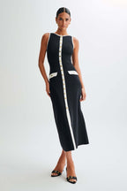 Women's Crew Neck Button Front Midi Dress with Patch Pockets