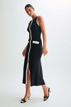 Women's Crew Neck Button Front Midi Dress with Patch Pockets