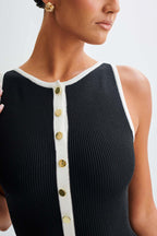 Women's Crew Neck Button Front Midi Dress with Patch Pockets