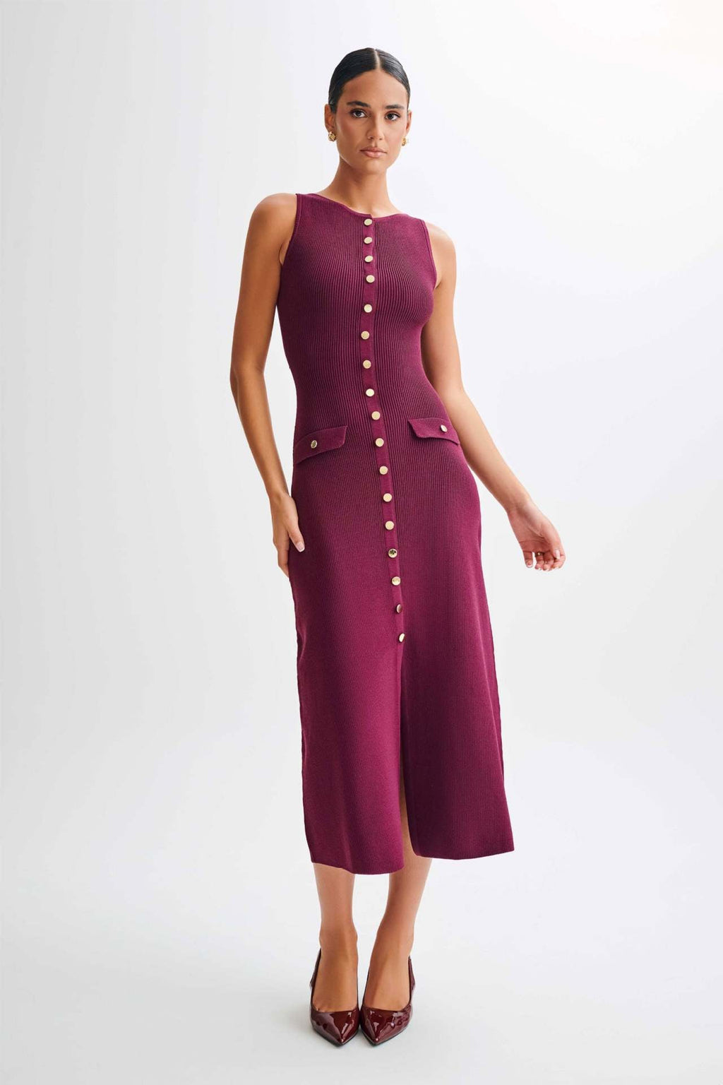 Women's Crew Neck Button Front Midi Dress with Patch Pockets
