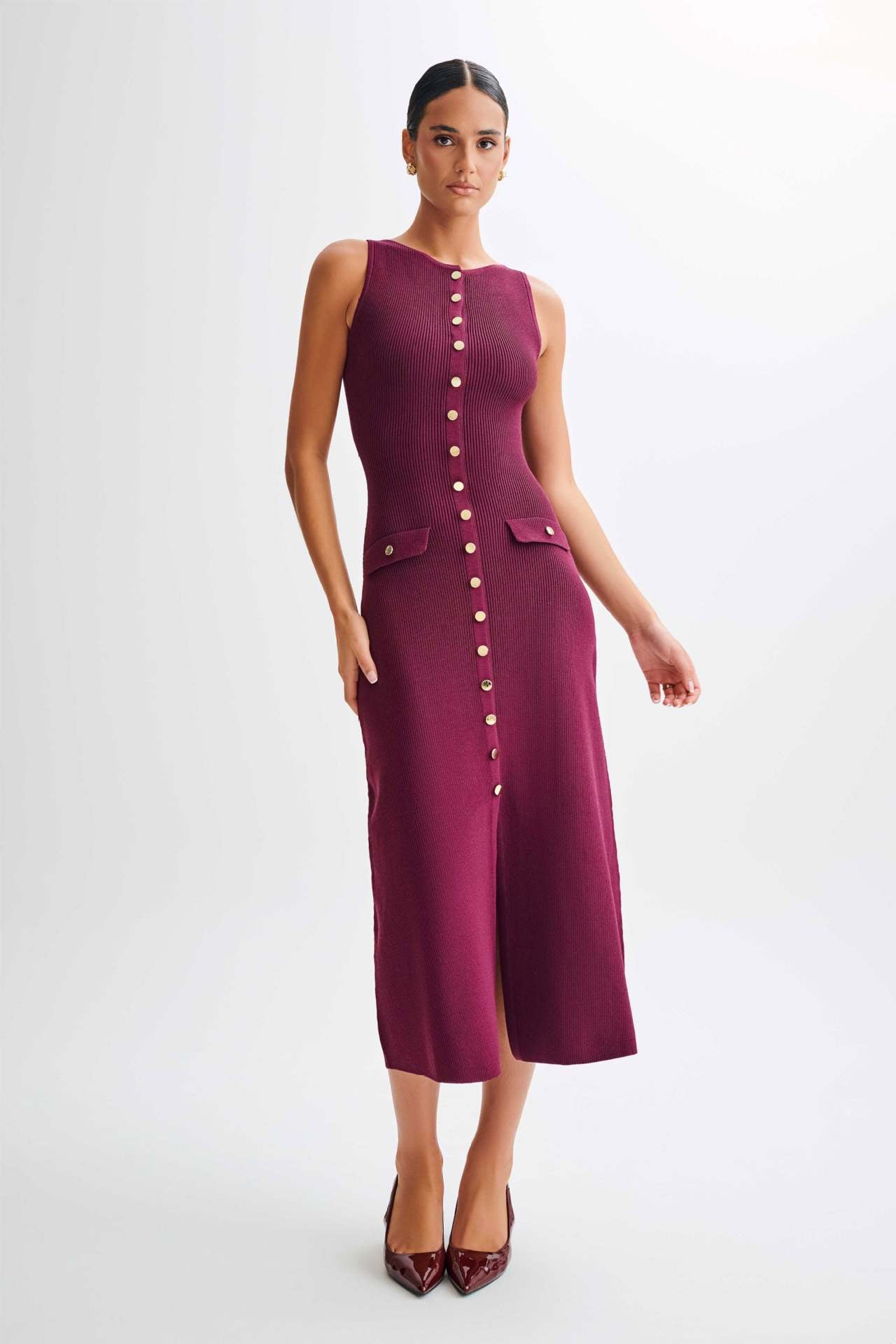 Women's Crew Neck Button Front Midi Dress with Patch Pockets