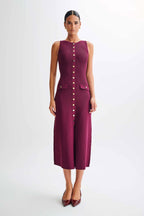 Women's Crew Neck Button Front Midi Dress with Patch Pockets