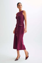 Women's Crew Neck Button Front Midi Dress with Patch Pockets