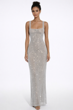Women's Square Neck Sequin Maxi Dress with Open Back Design