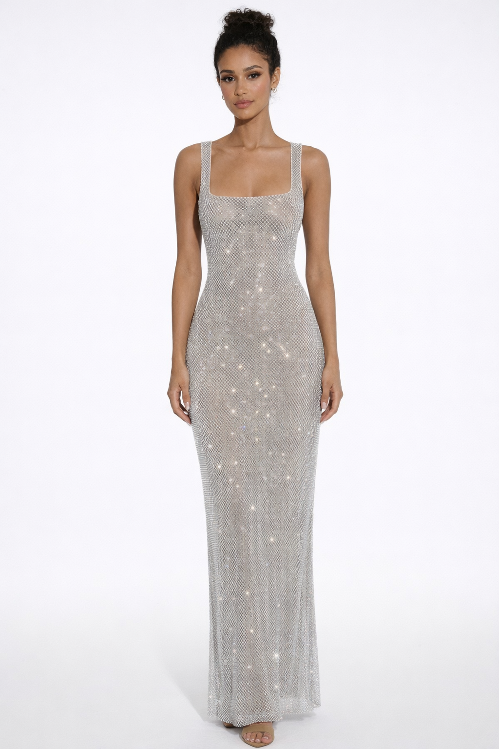Women's Square Neck Sequin Maxi Dress with Open Back Design