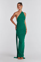 Women's Open Back Halter Column Maxi Dress with Train