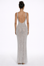 Women's Square Neck Sequin Maxi Dress with Open Back Design