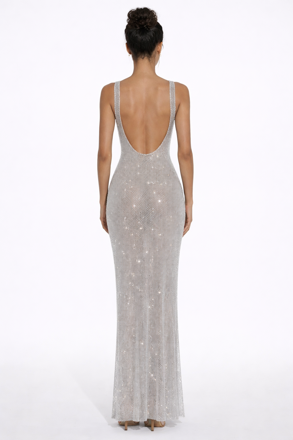 Women's Square Neck Sequin Maxi Dress with Open Back Design
