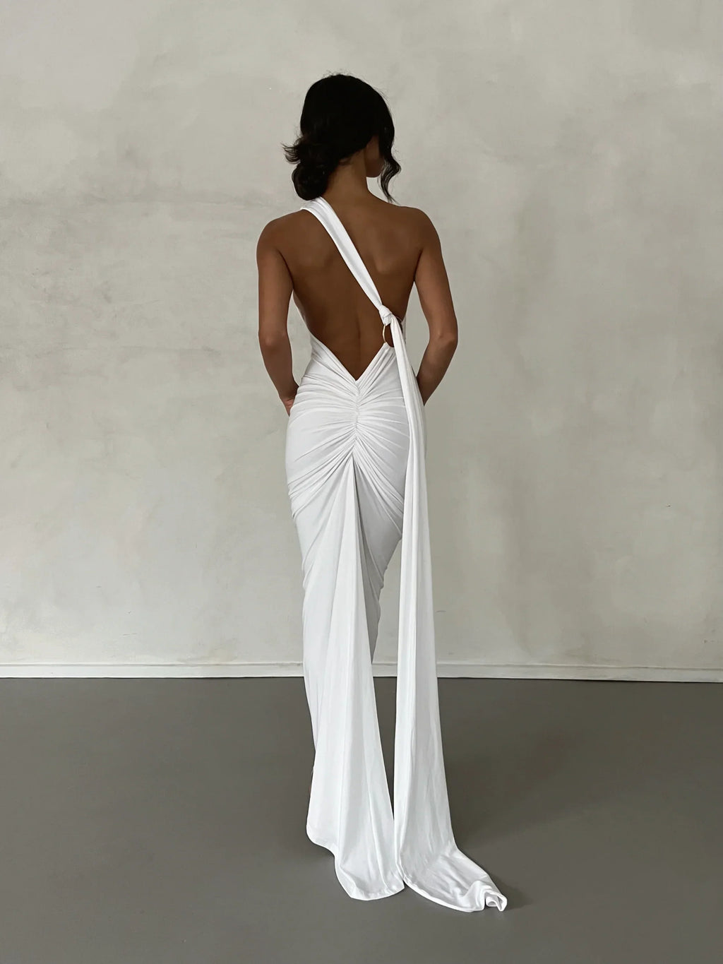 Women's Open Back Halter Column Maxi Dress with Train