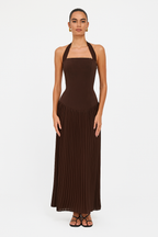 Women's Pleated Long Dress with Halter Neck and Open Back