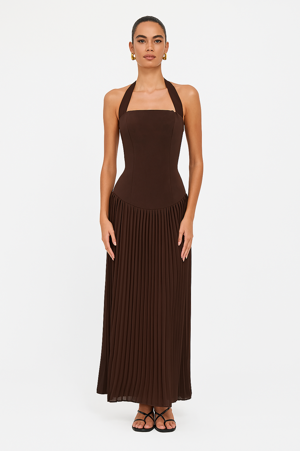 Women's Pleated Long Dress with Halter Neck and Open Back