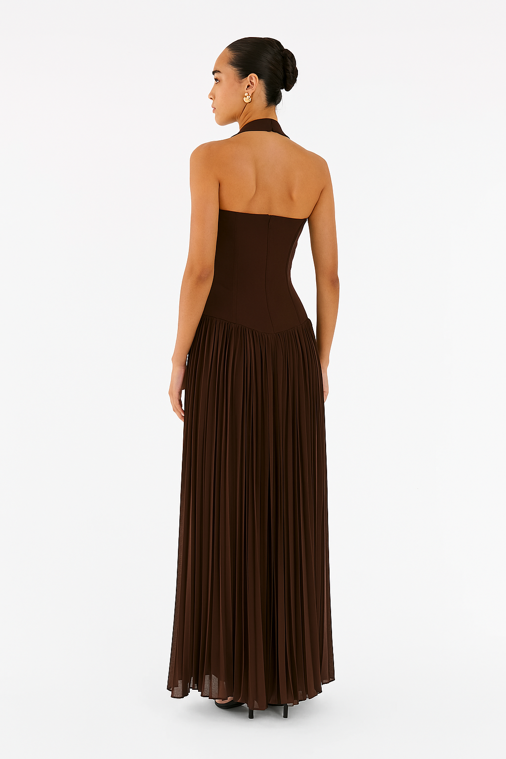 Women's Pleated Long Dress with Halter Neck and Open Back