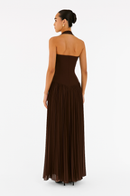 Women's Pleated Long Dress with Halter Neck and Open Back