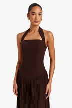 Women's Pleated Long Dress with Halter Neck and Open Back