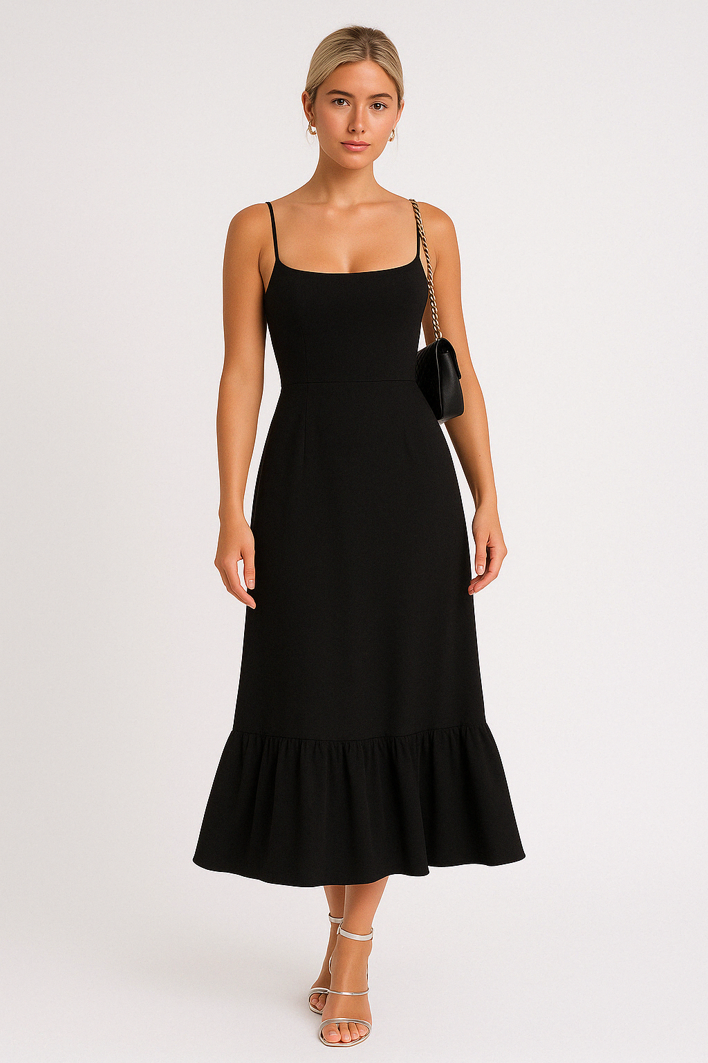 Square Neck Midi Dress With Ruffle Hem