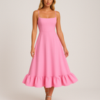 Square Neck Midi Dress With Ruffle Hem