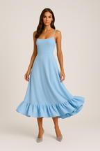 Square Neck Midi Dress With Ruffle Hem