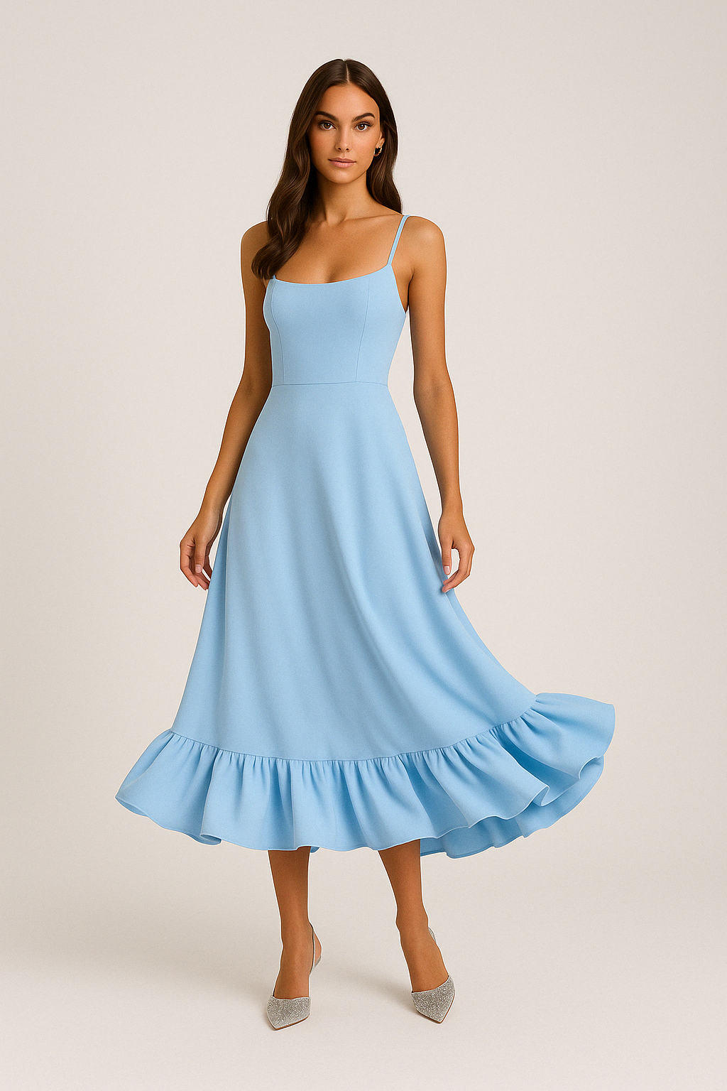 Square Neck Midi Dress With Ruffle Hem