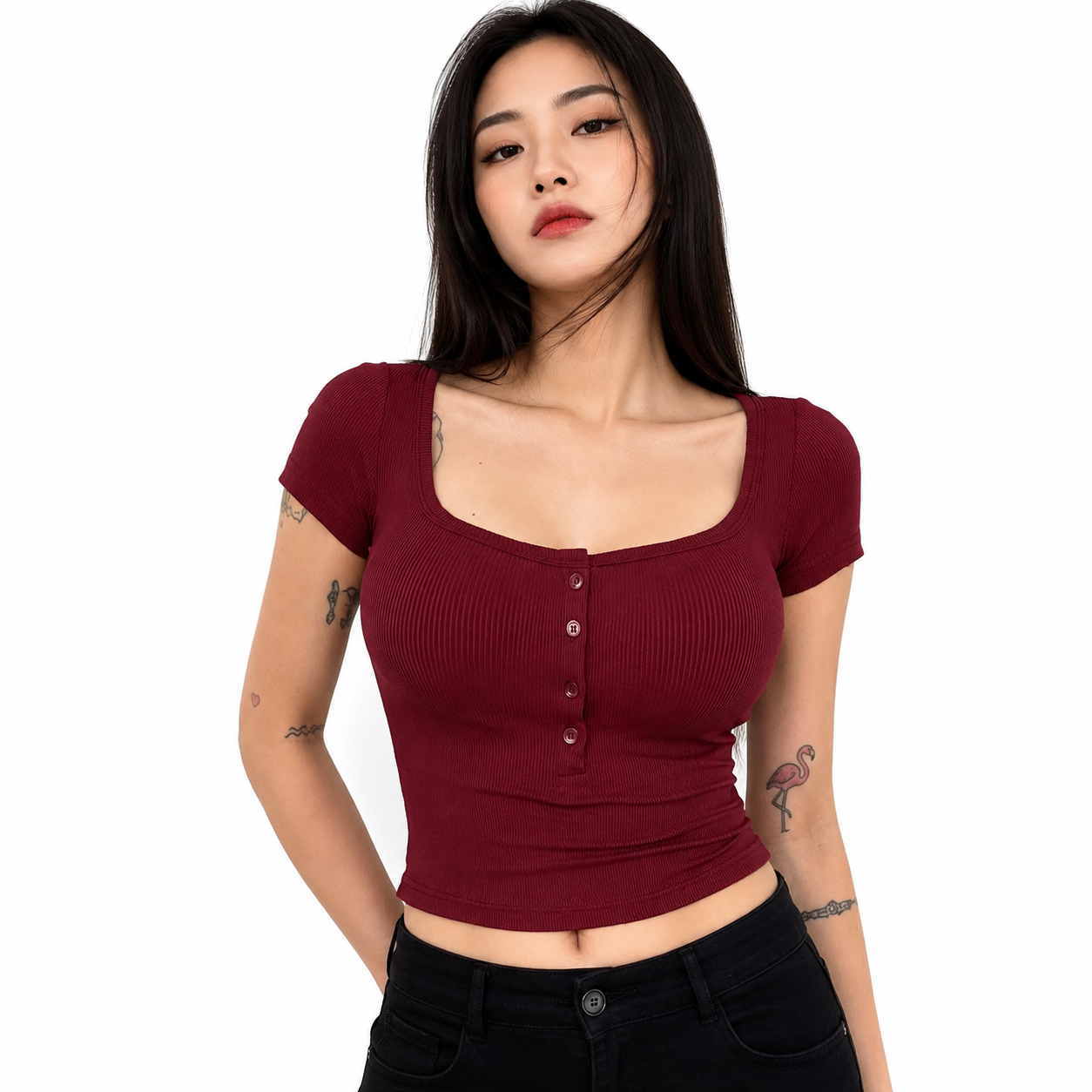 Women's Square Neck Button Knit Top Main image
