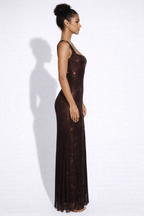 Women's Square Neck Sequin Maxi Dress with Open Back Design