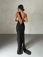 Women's Open Back Halter Column Maxi Dress with Train