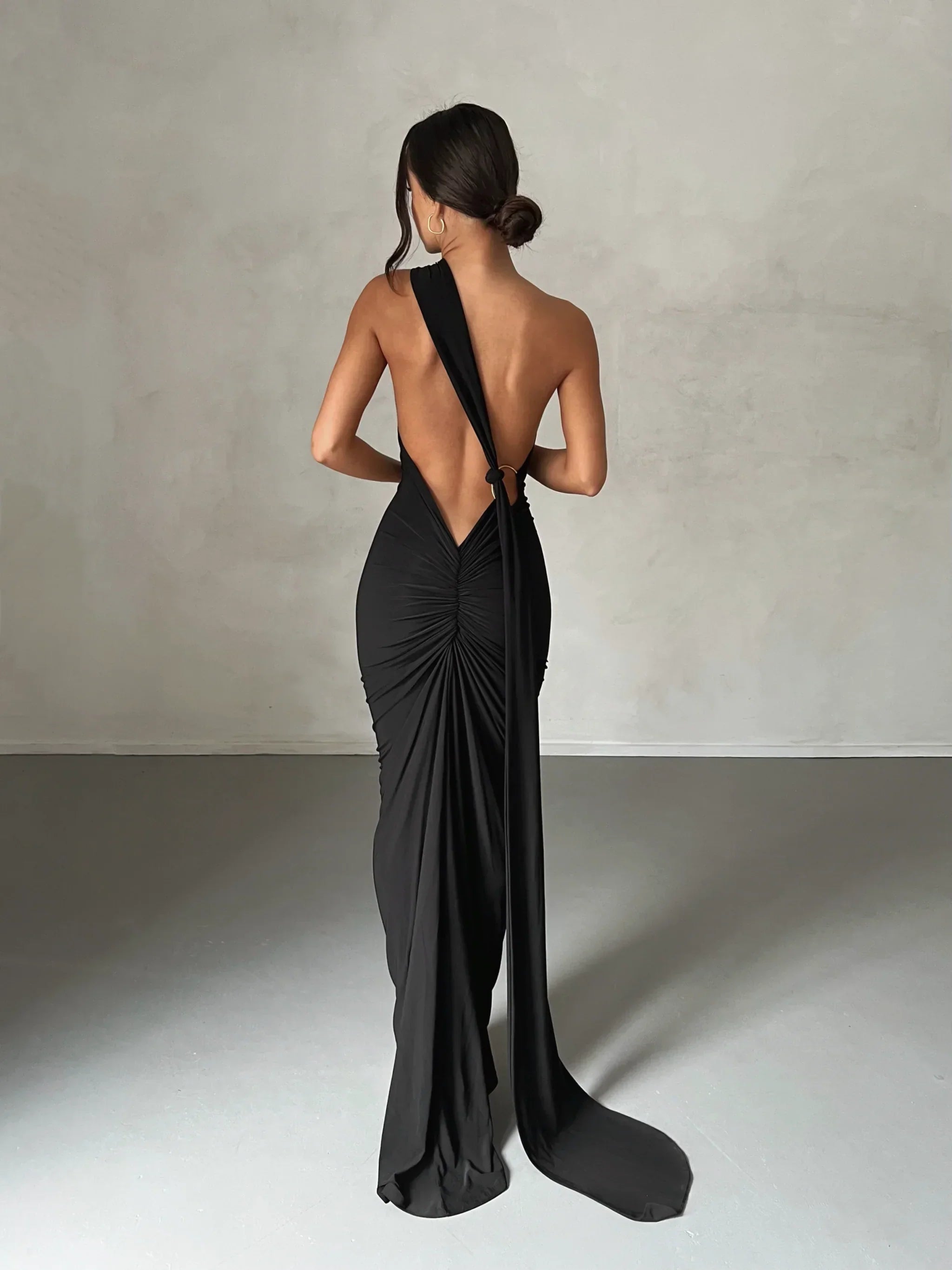 Women's Open Back Halter Column Maxi Dress with Train