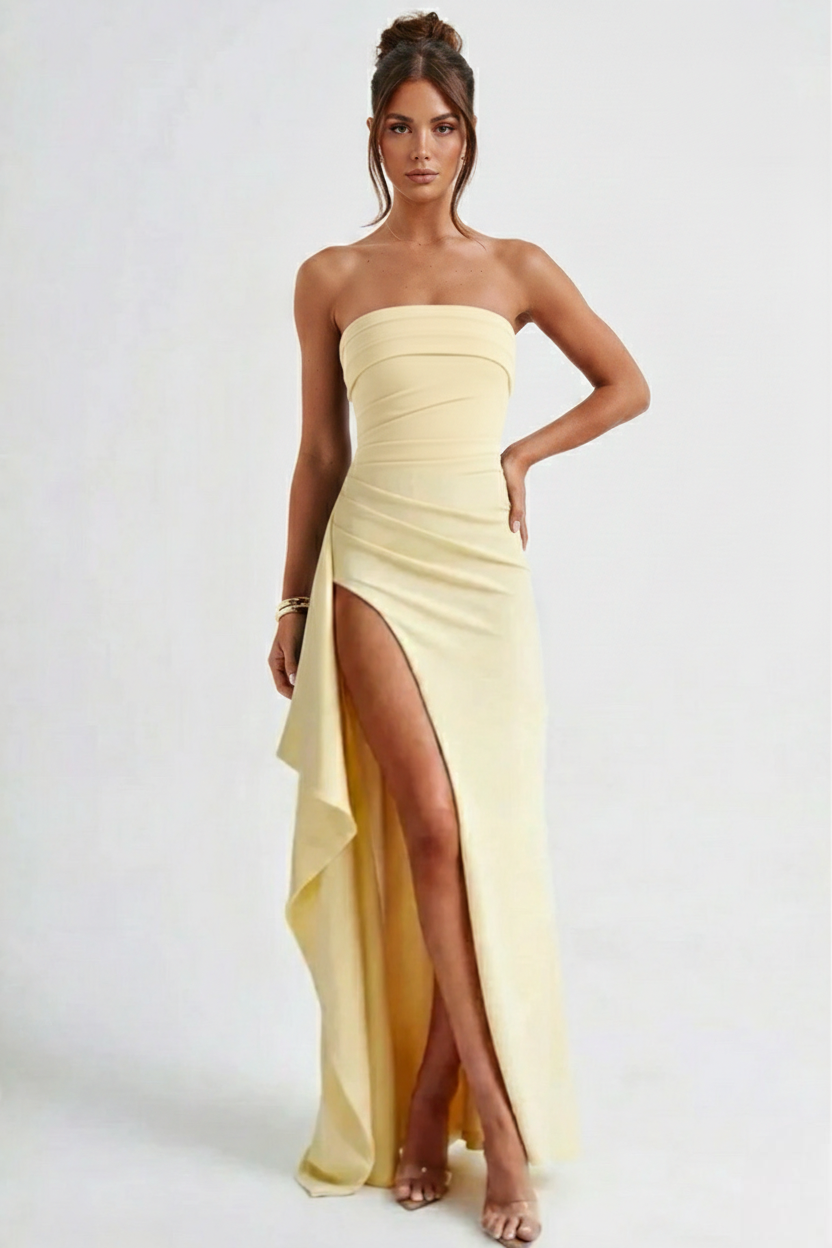 Women's Strapless Maxi Dress with High Split and Draped Panel