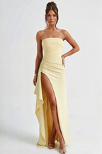 Women's Strapless Maxi Dress with High Split and Draped Panel