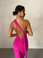 Women's Open Back Halter Column Maxi Dress with Train
