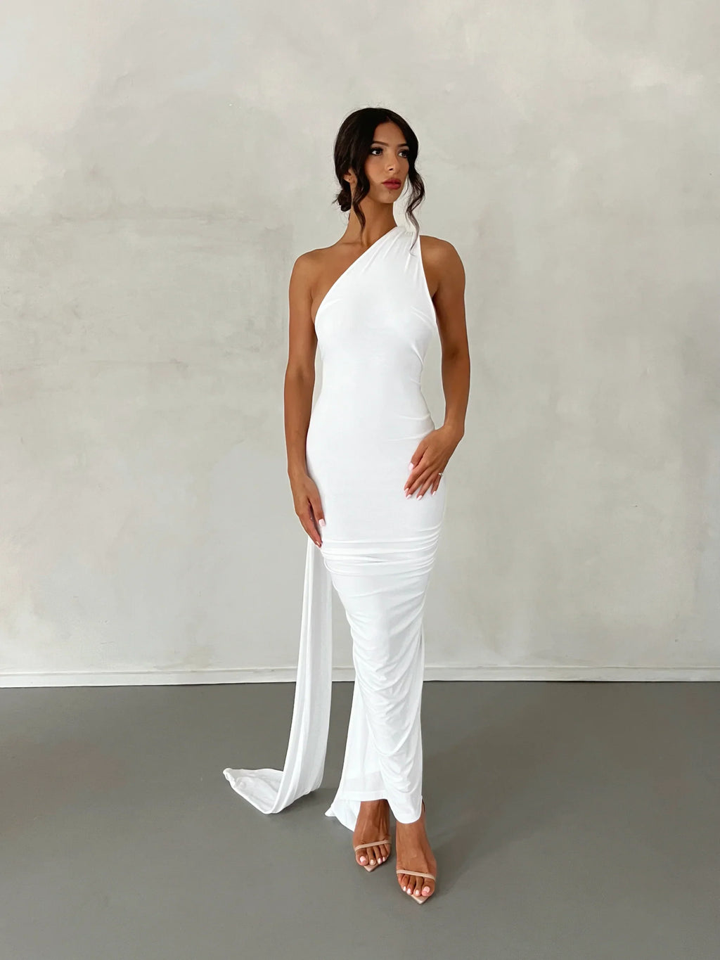 Women's Open Back Halter Column Maxi Dress with Train