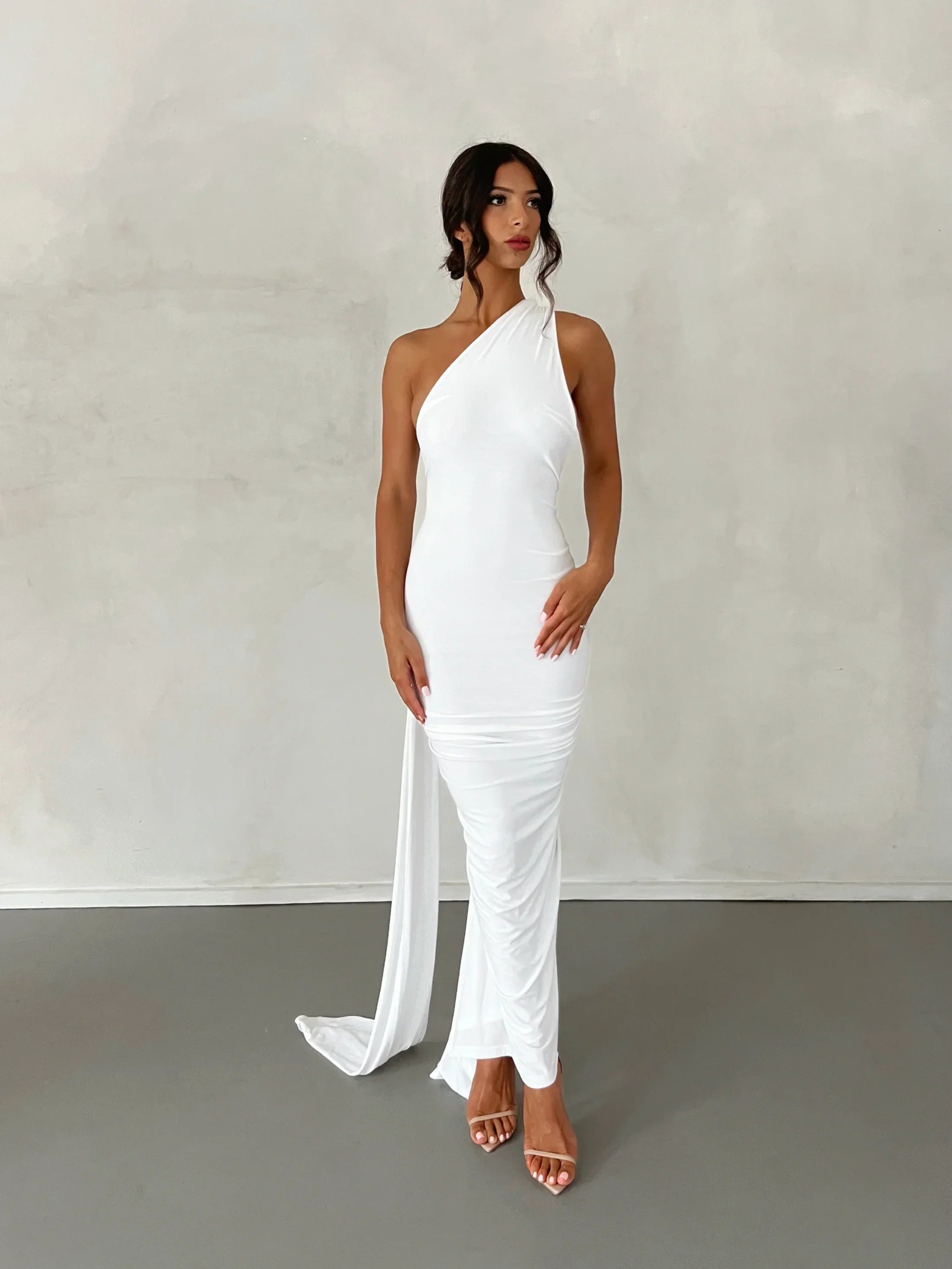 Women's Open Back Halter Column Maxi Dress with Train