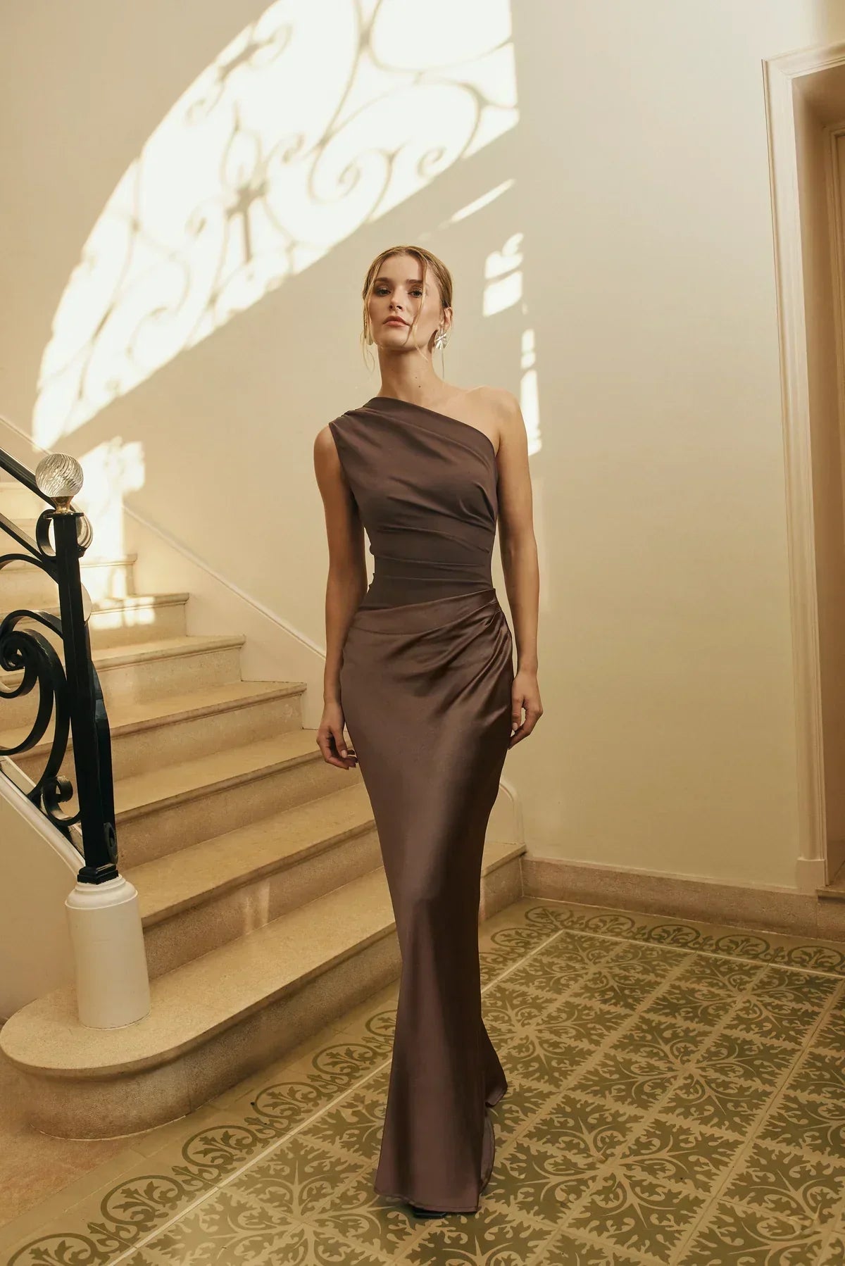 Asymmetric Neck Fitted Maxi Dress