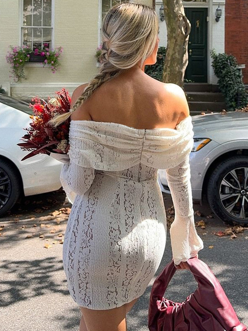Off Shoulder Lace Fitted Mini Dress Design