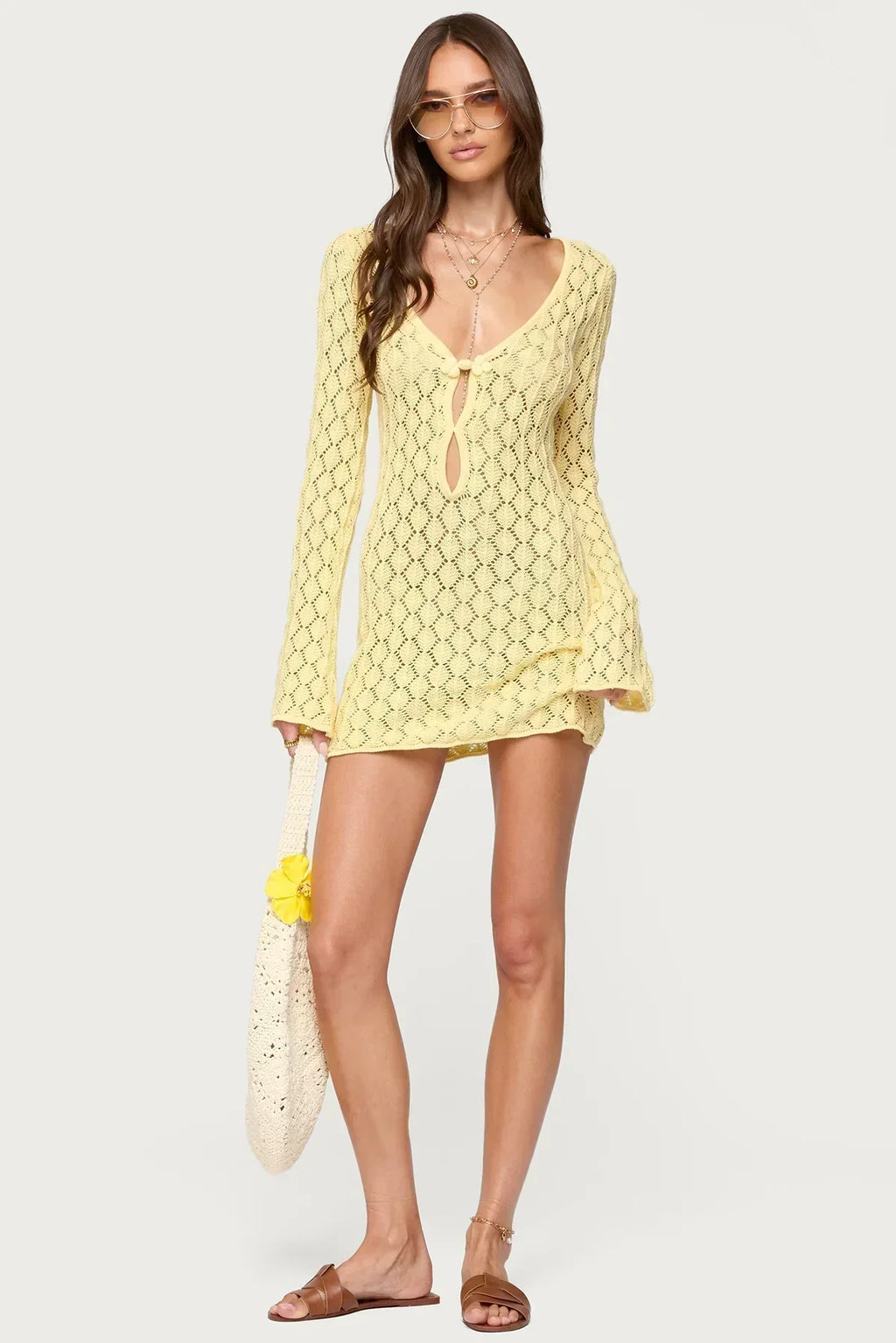 Long Sleeve V Neck Cover Up Dress
